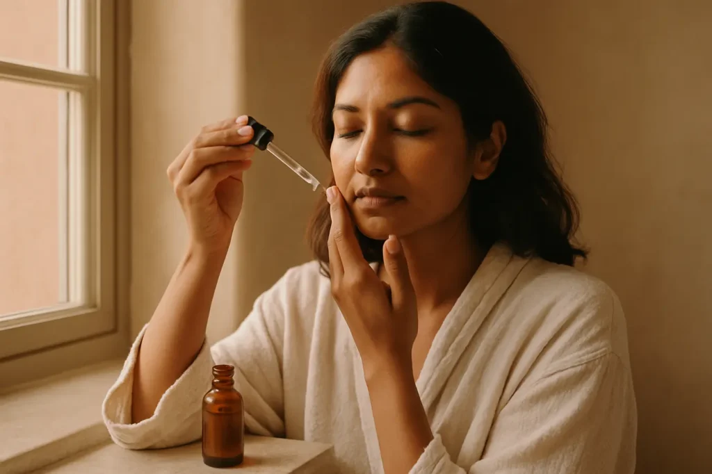 Indian woman applying clear facial serum in soft morning window light