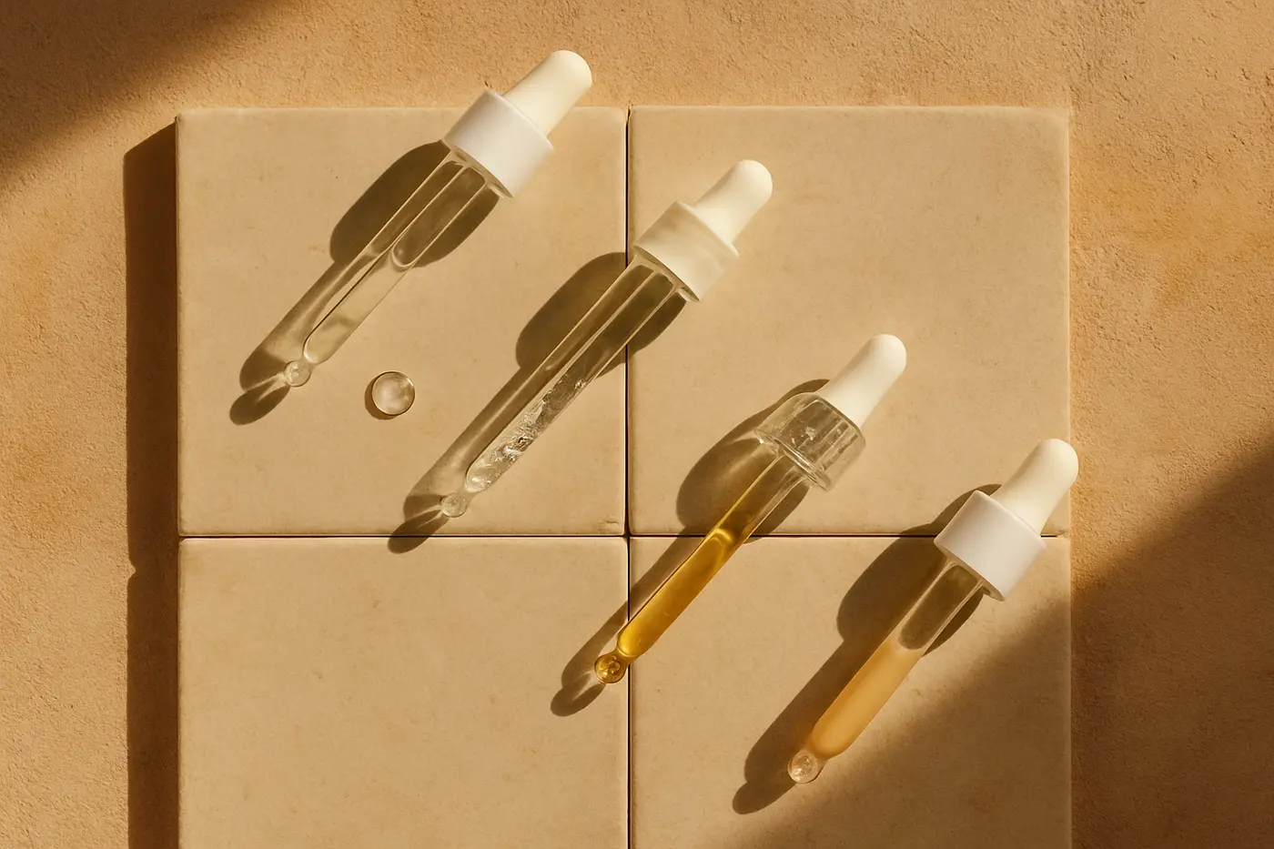 Different serum textures arranged to compare lighter and richer formulations